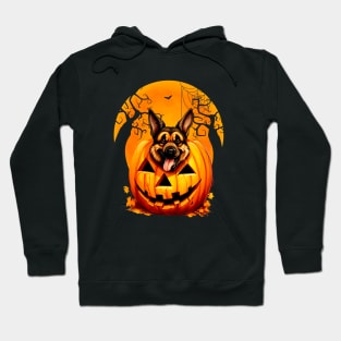 German Shepherd Inside Pumpkin, Funny Scary Halloween Moon Hoodie